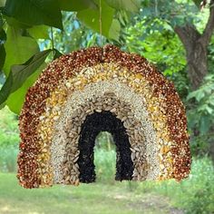 a bird feeder hanging from a tree filled with birdseeds and nuts in the shape of a rainbow