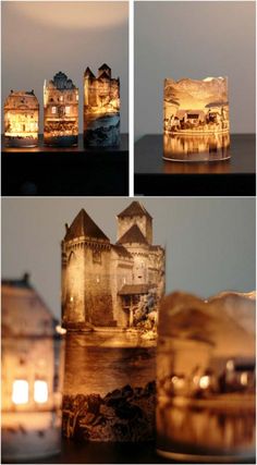 three different shots of some kind of building with lights on it's sides and in the middle there is a lit candle that looks like a castle