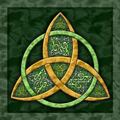 a green and yellow celtic knot on a black background with gold trimmings in the shape of two interlocked circles