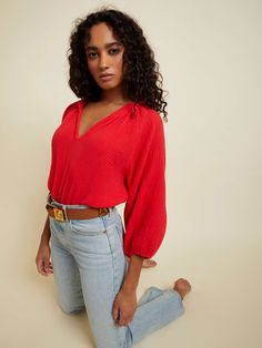 A modern version of the peasant style top in effortless, breezy Double Gauze. Elastic at 3/4 length voluminous sleeve. Raw hem. (This one comes in Cherrybomb.) | Women's Mimi Blouse Top in Cherrybomb | Ethical Essentials Versatile Long Sleeve Top For Spring, Summer Peasant Top With Balloon Sleeves And Relaxed Fit, Chic Long Sleeve Balloon Sleeve Top For Spring, Spring Balloon Sleeve Top With Relaxed Fit, Chic Balloon Sleeve Long Sleeve Top For Spring, Chic Long Sleeve Balloon Top For Spring, Spring Billowy Tops With Lantern Sleeves, Chic Blouson Sleeves Long Sleeve Top For Summer, Spring Versatile Tops With 3/4 Sleeves