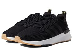 adidas Running Racer TR21 - Women's Shoes : Black/Black/Gum : From your morning jog to hitting the concrete jungle, do it in comfort and style in the adidas Running Racer TR21 sneakers. Traditional lace-up closure offers a secure fit. Classic round toe silhouette. Cloudfoam midsole offers all-day comfort. Pull tab in back for easy on and off access. Padded tongue and collar for added support. Branding on heel. Leather and textile upper. Textile lining and insole. Synthetic outsole. Imported. Mea Morning Jog, Adidas Athletic Shoes, Womens Adidas, Black Peach, Black Gums, Sneakers Athletic, Black Shoes Women, Adidas Running, Concrete Jungle