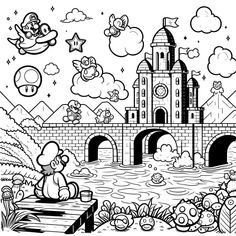 an image of a cartoon castle in the sky with clouds and animals flying around it