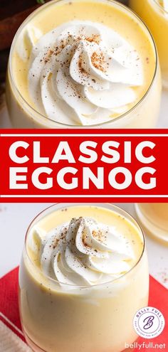 two glasses filled with eggnog sitting on top of a red and white napkin