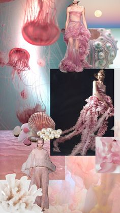 a collage of pink and white images with jellyfish in the water, an ocean creature