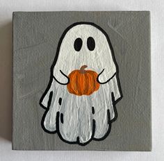 a painting of a ghost with a pumpkin in its hand on a gray background,