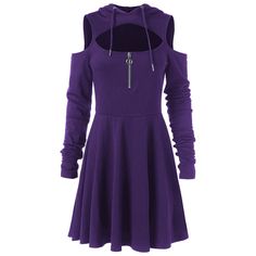 Open Shoulder Swing Dress with Zipper - Purple Iris - 3G87090310 - Original Design-Women's Clothing  #OriginalDesignWomensClothing #Original #DesignWomen's #Clothing Mode Mantel, Streetwear Girl, Low Cut Dresses, Goth Dress, Mode Casual, Hooded Dress, Cold Shoulder Long Sleeve, Dress Zipper, Types Of Dresses