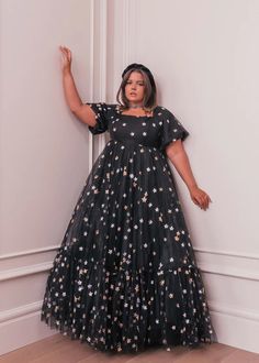 Wendy Dress – JessaKae, black dress, star dress, maxi dress, wedding guest dress, fashion, mid size fashion, plus size dress, size inclusive, inclusive fashion, body positivity, plus size, summer dress, fashion shoot, model, photoshoot, women's fashion, OOTD, wedding guest dress, bridesmaid dresses, church dress, engagement dress, wedding, date night, cocktail dress, style, lifestyle shoot Black Star Dress, Star Themed Wedding, Wendy Dress, Hello Darling, Girls Blue Dress, Plus Size Cocktail Dresses, Black Prom Dress, Dreamy Dress, Flattering Dresses