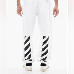 Off-White 3- Pocket Cotton Fleece Sweatpants With The Signature Diagonal Hash Print. Size L. New With Tags. Off White Pants, Fleece Sweatpants, Cotton Fleece, White Pants, White Cotton, Mens Pants, White And Black, Sweatpants, Black White