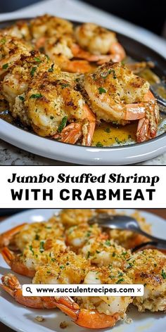 two pictures of shrimp with craw meat on the side, and in front of them