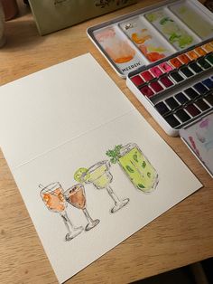 Cute card that has water color painted cocktails on it. Aperol spritz, espresso martini, margarita, mojito. Great greeting card for celebrating a birthday, bachelorette, accomplishment. Acrylic Paint Cards, Water Coloring Painting, Water Coloring Painting Ideas, August Watercolor, Card Painting Ideas, Watercolor Cards Ideas, Asthetic Paintings, Water Colors Painting, Paint Sketches