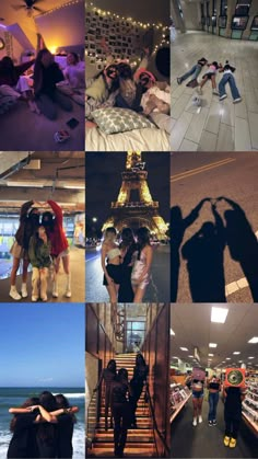 people are standing and sitting in front of the eiffel tower with their shadows on them