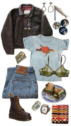 an assortment of clothing and accessories including shoes