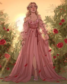 a drawing of a woman in a pink dress standing in front of red flowers with the sun behind her