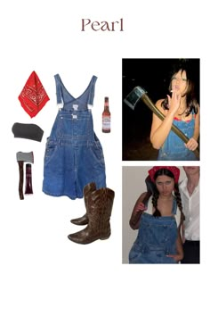 a girl in overalls and boots is holding a hammer