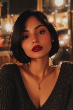 Woman with dark hair and red lipstick, wearing a cross necklace and a dark sweater, sits in dim, warmly-lit space with soft focus lights in the background. French Bob Black Hair, Short Hairstyle Straight Hair Women, French Chic Bob Haircuts, Short Bob With Headband, Voluminous Bob Black Women, Short Bobs Black Women, Bob Layers Short, 90s Layered Bob Short, Slicked Back Short Hair Women