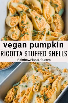 vegan pumpkin ricotta stuffed shells in a casserole dish