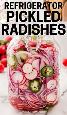 jar of sliced red radishes, with a couple jalapeno slices. Pickled Radish Salad, Refrigerator Radish Pickles, Spicy Pickled Radishes, Picked Radish Recipe, Pickled Radishes Recipe, Pickling Radishes Recipe, Pickled Carrots And Radishes, Refrigerator Pickled Radishes, Pickled White Radish Recipe