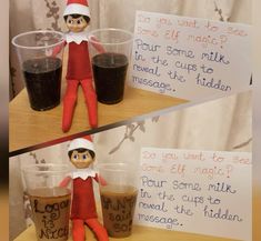 the elf is holding two cups with liquid in it and there are instructions on how to use them