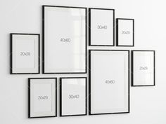 six black and white frames hanging on the wall with each frame numbered in different sizes