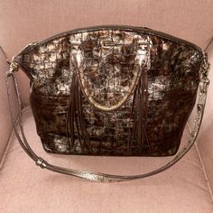 Light Wear - My Favorite Brahmin Bag - Same Size As Large Duxbury Designer Silver Textured Leather Bag, Metallic Leather Bag With Palladium Hardware, Brahmin Bags, Suede Fringe, Brown Silver, Gold Hardware, Satchel, My Favorite, Bag Lady