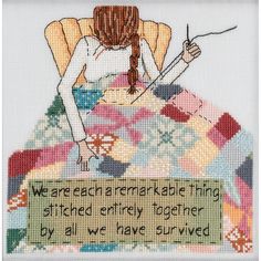 there is a cross stitch pattern with a woman sitting in a chair holding a knitting needle