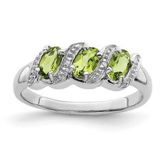 Product Specification Jewelry Specification: Material Purity : 925 Stone Type 1 : Peridot Stone Type 2 : Diamond Stone Color 1 : Green Stone Quantity 1 : 3 Band Width : 2 Mm Stone Setting 1 : Prong Set Stone Weight 1 : 0.7 Ctw (total Weight) Stone Weight 2 : 0.010 Ct Feature : Solid Manufacturing Process : Casted Material : Sterling Silver Stone Shape 1 : Oval Stone Size 1 : 5 X 3 Mm Stone Treatment 1 : Not Enhanced Item Weight U/M : Gm Product Type : Jewelry Jewelry Type : Rings Sold By Unit : Gemstone Diamond Ring, Gift Sets For Women, Blue Topaz Stone, Peridot Stone, Solid Gold Chains, Sterling Silver Rings Bands, Green Quartz, Green Peridot, Topaz Stone