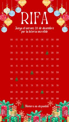 a red calendar with presents on it and the numbers in spanish are written below them