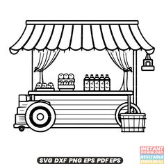 a black and white drawing of a food cart with sodas on the outside,