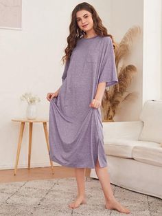 SHEIN Unity Drop Shoulder Split Hem Nightdress | SHEIN USA Casual V-neck Nightgown For Home, Purple Short Sleeve Nightgown For Sleepover, Casual Longline Dress For Loungewear, Comfortable Long Sleeve Sleep Dresses, Relaxed Fit Short Sleeve Bedtime Dress, Summer Crew Neck Nightgown For Loungewear, Long Casual Midi Dress For Loungewear, Solid Stretch Midi Dress For Loungewear, Casual Stretch Dresses For Sleep