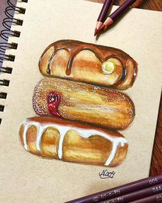 a drawing of hotdogs and buns with ketchup on them next to colored pencils