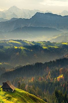 the mountains are covered in green grass and trees with some houses on top of them