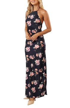 A blooming floral print enhances the romantic feel of a streamlined halter dress that's ready for your next occasion. Back button closure; ties at neck and back Halter neck Lined 100% polyester Hand wash, line dry Imported Halter Neck Floral Print Dress For Party, Garden Party Dress With Floral Print And Strappy Back, Fitted Halter Neck Floral Dress, Floral Print Strappy Back Dress For Brunch, Floral Print Dress With Strappy Back For Brunch, Elegant Backless Halter Dress With Floral Print, Summer Backless Maxi Dress With Floral Print, Fitted Floral Print Backless Halter Dress, Fitted Floral Halter Backless Dress