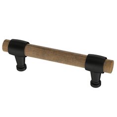 a wooden handle with two black handles