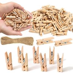 wooden clothes pins are being held by two hands