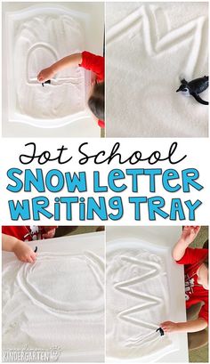 snow letter writing tray for kids to write and draw with the letters on it,