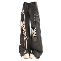 lace up wide leg jeans boogzel clothing Cute Things To Wear To School, Black And White Clothes Aesthetic, Alt Jeans, Dark Streetwear, Black And White Jeans, Indie Aesthetic Outfits, Black Wide Leg Jeans, Alt Clothes, Contrasting Stitching