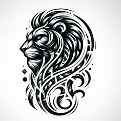 a black and white drawing of a lion's head with swirls on it