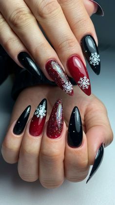 Transform your manicure into a festive masterpiece! These pointed nails combine rich reds, sleek black, and enchanting snowflake designs for a chic winter look. Get inspired to show off your festive style this season! ✨❤️
#nailsdesign #nailsinspo #winternails #acrylicnails #decembernails