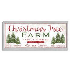 a christmas tree farm sign with pine trees on the front and bottom, in red and green