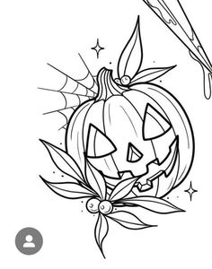 a halloween pumpkin with leaves and a bat on it's head, outlined in black ink