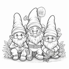 three gnomes sitting next to each other in front of leaves and flowers, with one holding