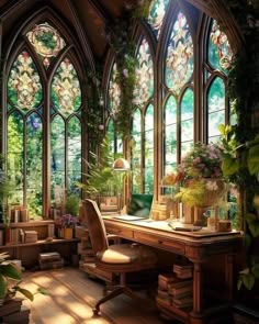 a room with large windows and lots of plants on the desk in front of it