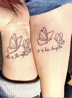 two tattoos on the arms of women with words written in cursive letters and butterflies