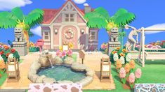 an animated image of a house surrounded by flowers and palm trees in front of a fountain