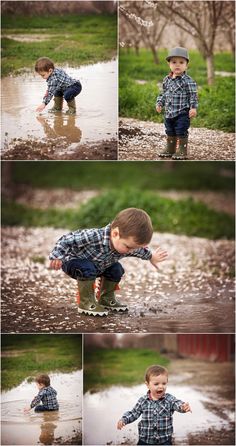 a little boy playing in the mud and water