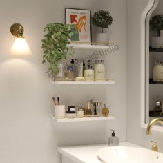 a white bathroom with two shelves above the sink