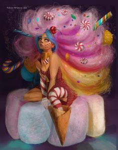 a painting of a woman sitting on top of an ice cream cone with candy canes