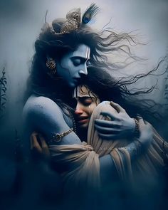 a painting of two people embracing each other with long hair and blue makeup on their faces