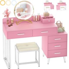 a pink vanity with mirror, stool and other accessories