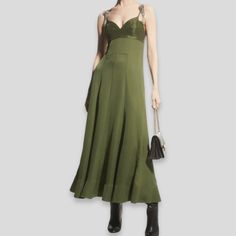 3.1 Phillip Lim Fluid Flare Bustier Gown Dark Olive Green. Features Hidden Zip Back Closure, Sweetheart Neckline, Tonal Satin Notched Bustier Top, Flared Mid Length Hemline, Spaghetti Straps With Removable Crystal Embellishments, Hem Is Fluid And Very Cute When Twirling And Dancing. Style E221-9171ftp. Polyester Tags: Spring, Summer, Prom, Gown, Formal, Event, Luxury, Designer, Feminine, Flirty, Garden Party, Date, Wedding, Easter, Bustier Length 54.5" (From Shoulder)", Chest 16.5", Waist 16", H Olive Green Prom Dress, Bustier Gown, Sweetheart Dress, Dark Olive Green, Green Prom Dress, Dress Inspo, Olive Green Color, Bustier Top, 3.1 Phillip Lim